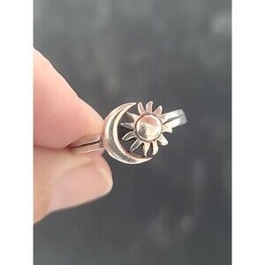 925 Sterling Silver Crescent Moon And Sun Ring, Size US 9.75 Vintage